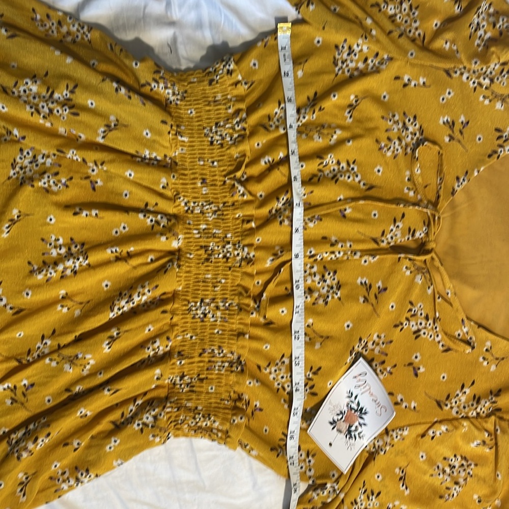 SirenLily yellow, floral dress. Tie at bust, modest puff sleeves, bottom ruffle. - Picture 6 of 11